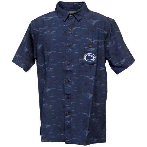 navy Hawaiian button down shirt with embroidered Penn State Athletic Logo on left chest pocket
